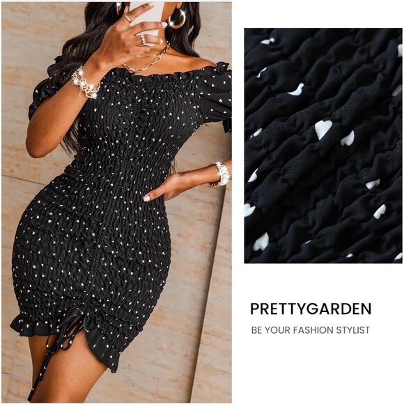 Women's Off Shoulder Bodycon Dress Summer Short Sleeve Smocked Mini - Picture 3 of 5